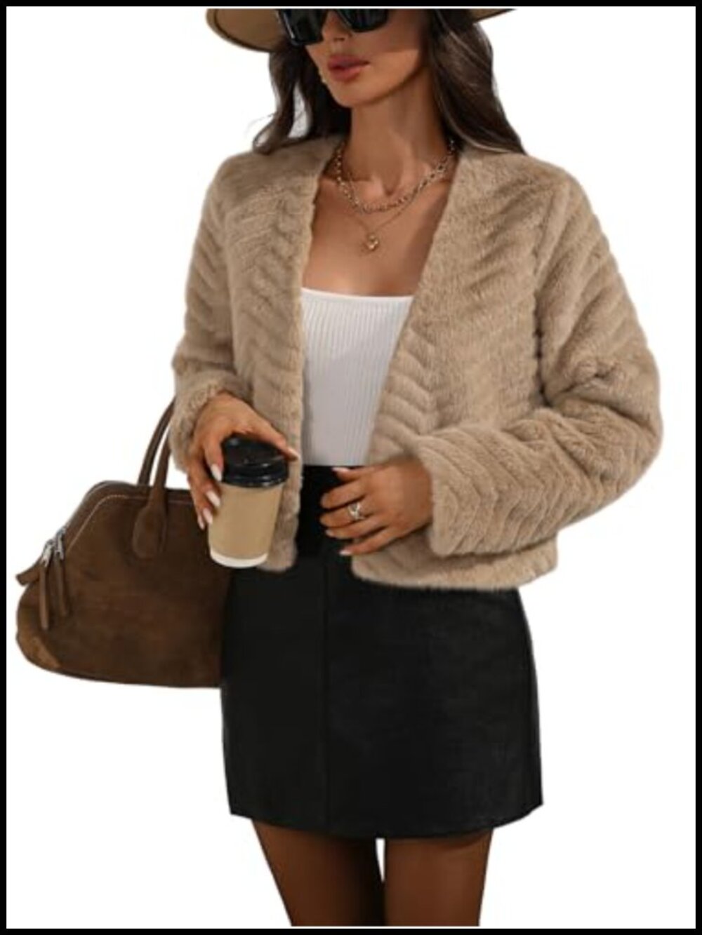 Womens Cropped Faux Fur Jacket Oversize Warm Winter Coat Long Sleeve